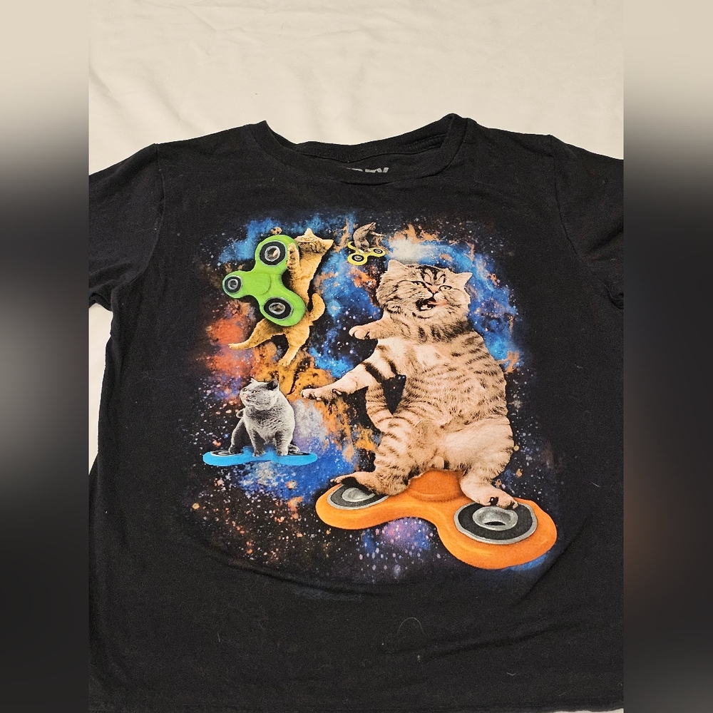 Cat Fidget Spinner Space T-Shirt- Black- Youth Large